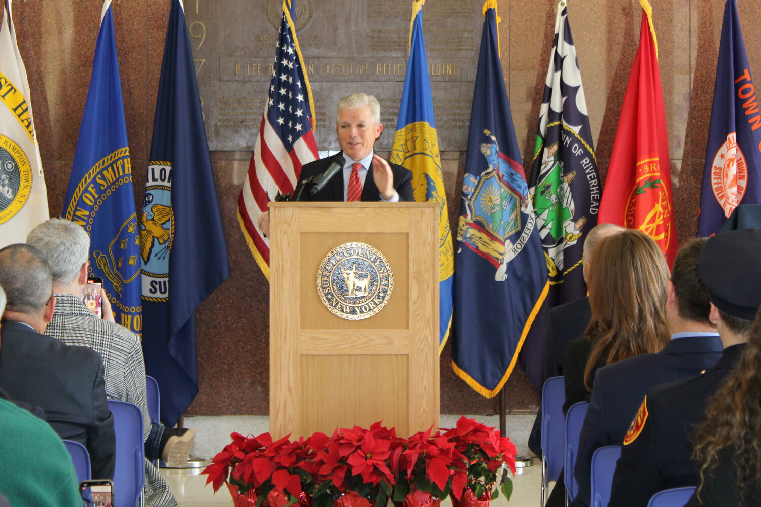 Suffolk County executive Steve Bellone gives his farewell address. He shared his administration’s accomplishments and thanked those who have supported him throughout his time as county executive.